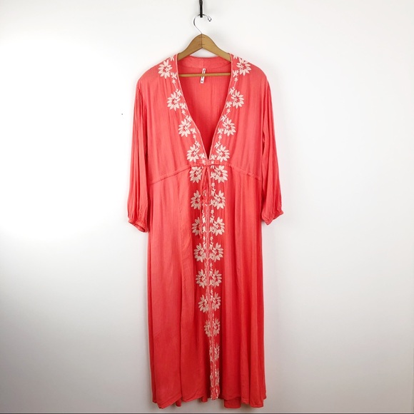 Trendology Dresses & Skirts - Coral Embroidered Boho Maxi Beach Cover Up Dress Trendology Dresses & Skirts - Coral Embroidered Boho Maxi Beach Cover Up Dress
